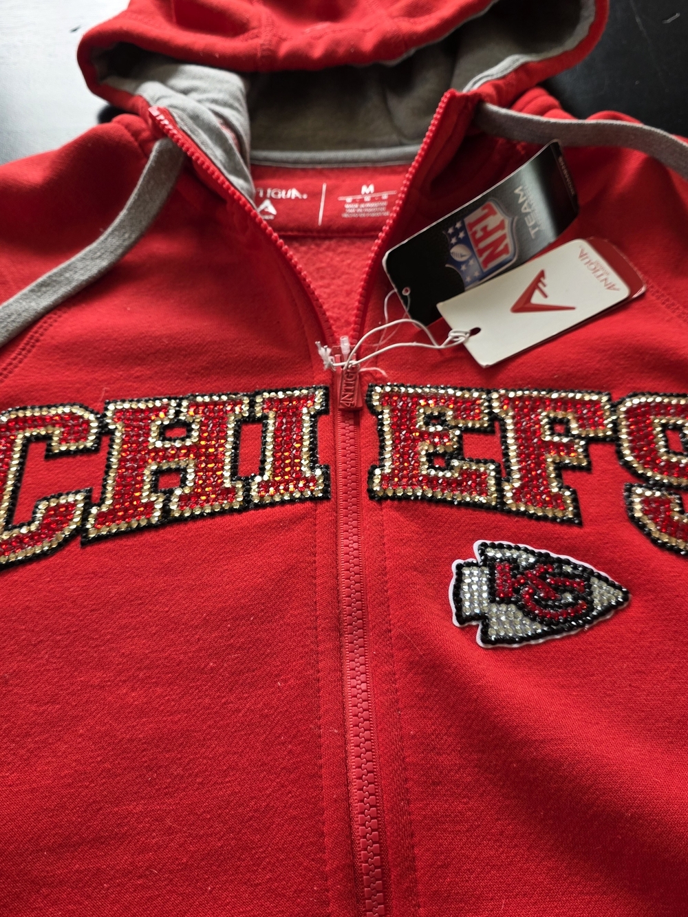 NWT Womens Kansas City Chiefs Red Bedazzled Hooded Zip Sweatshirt - Size S